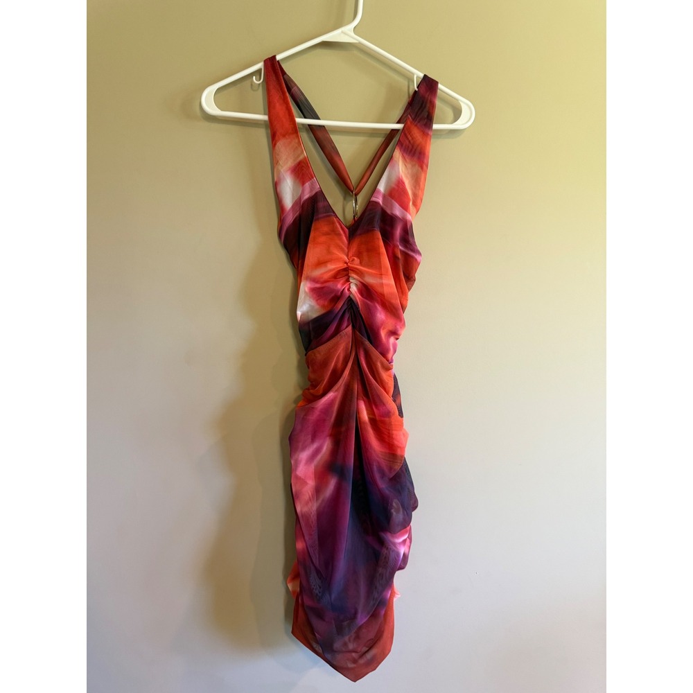 Oh Polly Abstract Print Ruched Mesh Mini Dress Orange Purple US 2 NWT